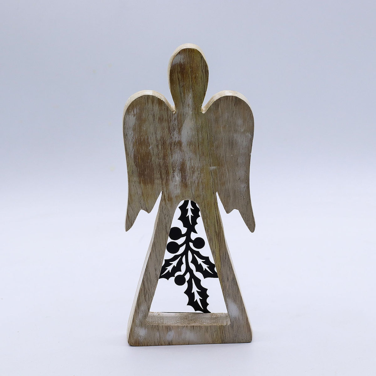 Engel aus Mangoholz – Weiß gewaschen mit Metalldekor – 18 cm