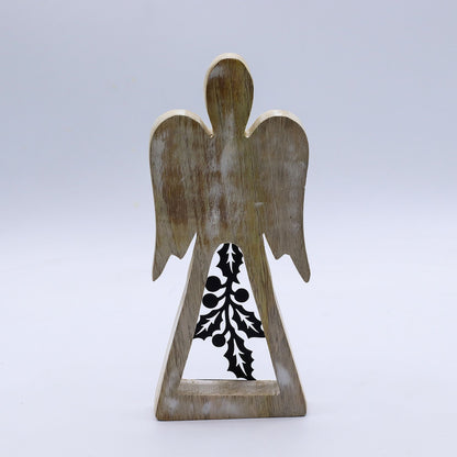 Engel aus Mangoholz – Weiß gewaschen mit Metalldekor – 18 cm
