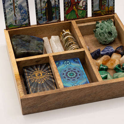 Tarot-Organizer aus Mangoholz – vier Fächer