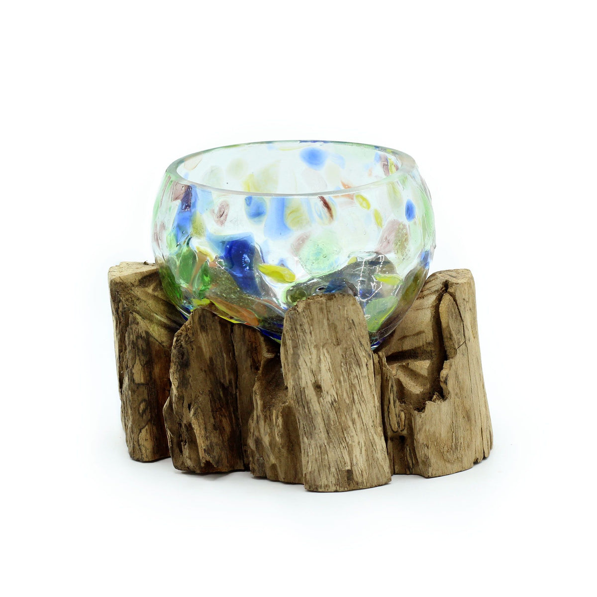 Bunte Glasschale auf Holz – klein