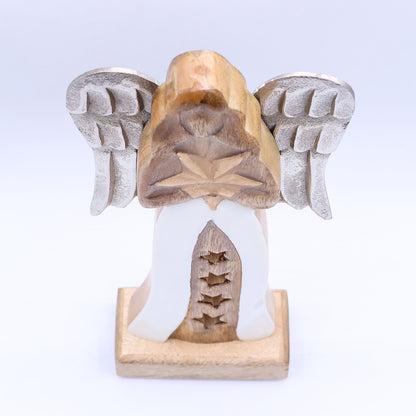 Großer Sternengel aus Mangoholz mit Metallflügeln und Emaille-Details – 30 cm