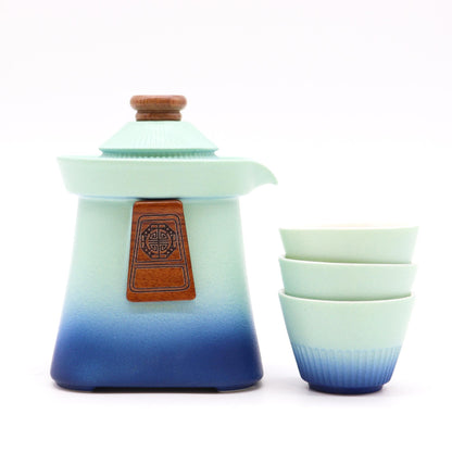 Tempel-Teekannen-Set mit 3 Tassen – Himmelblau