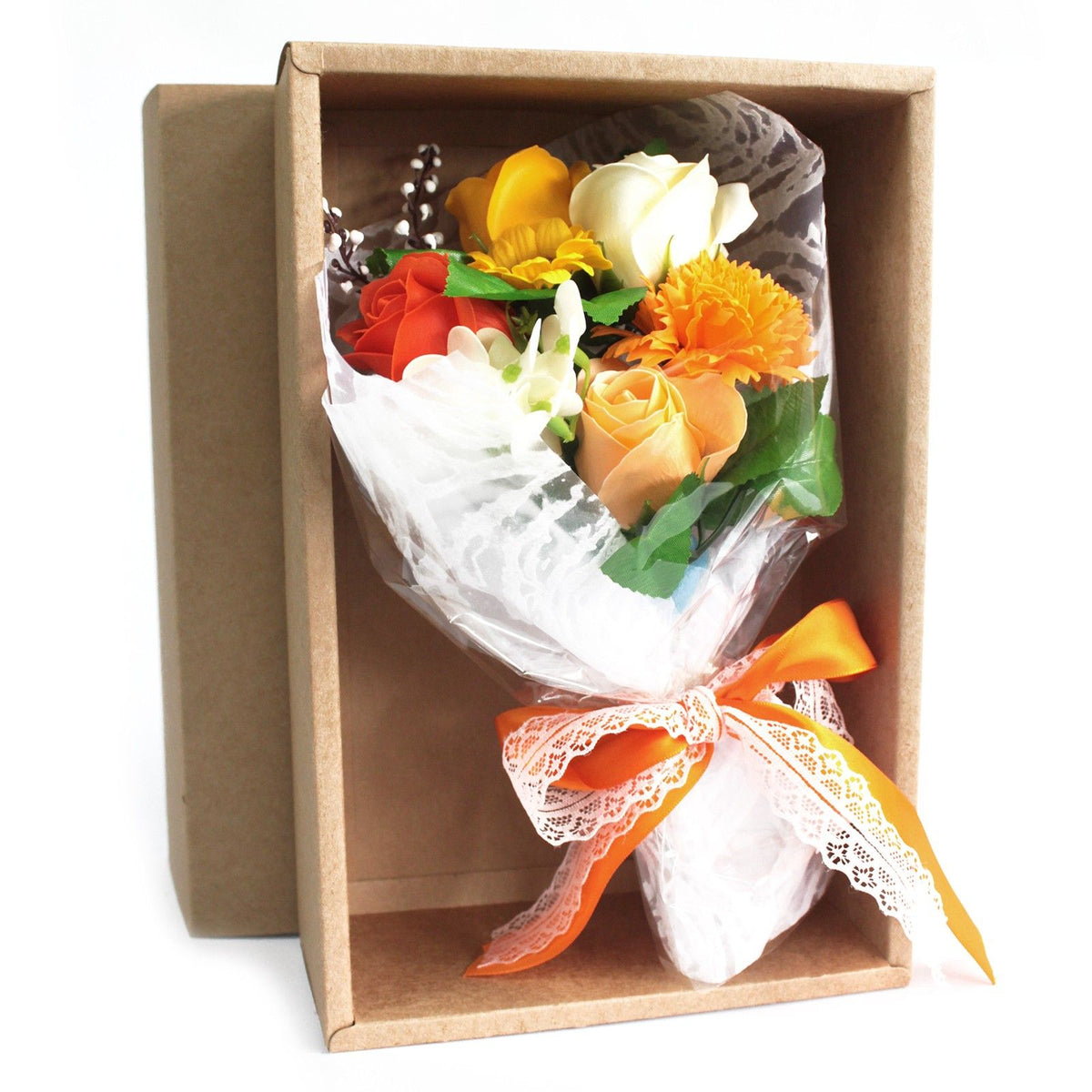 Geschenkstrauß aus Seifenblumen in einer orangen Box
