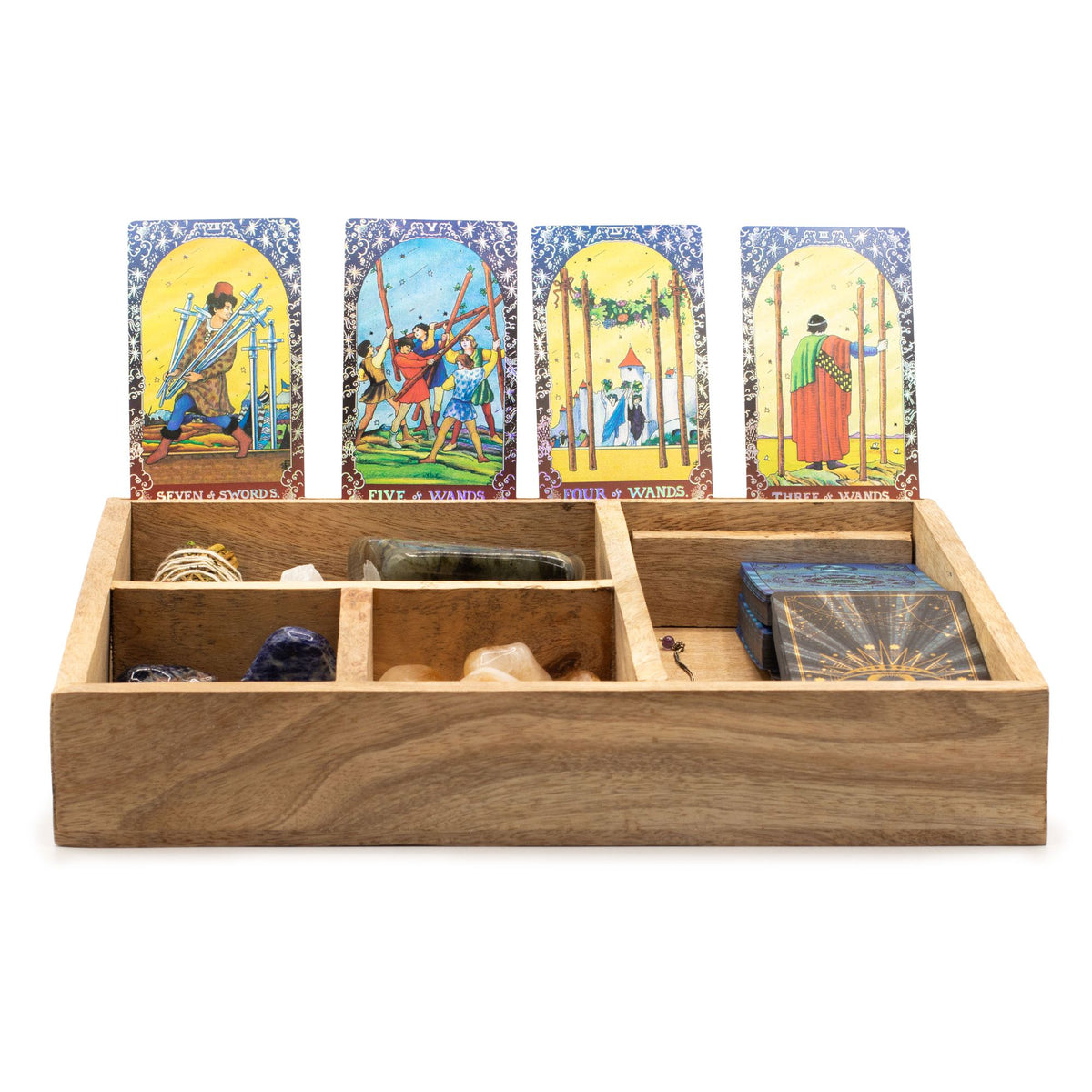 Tarotbox mit vier Fächern – graviertes Motiv