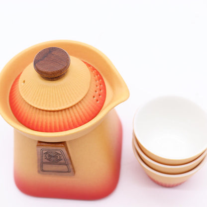 Tempel-Teekannen-Set mit 3 Tassen – Erdiges Orange