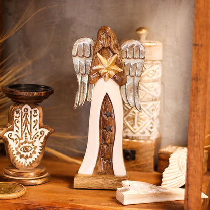 Großer Sternengel aus Mangoholz mit Metallflügeln und Emaille-Details – 30 cm