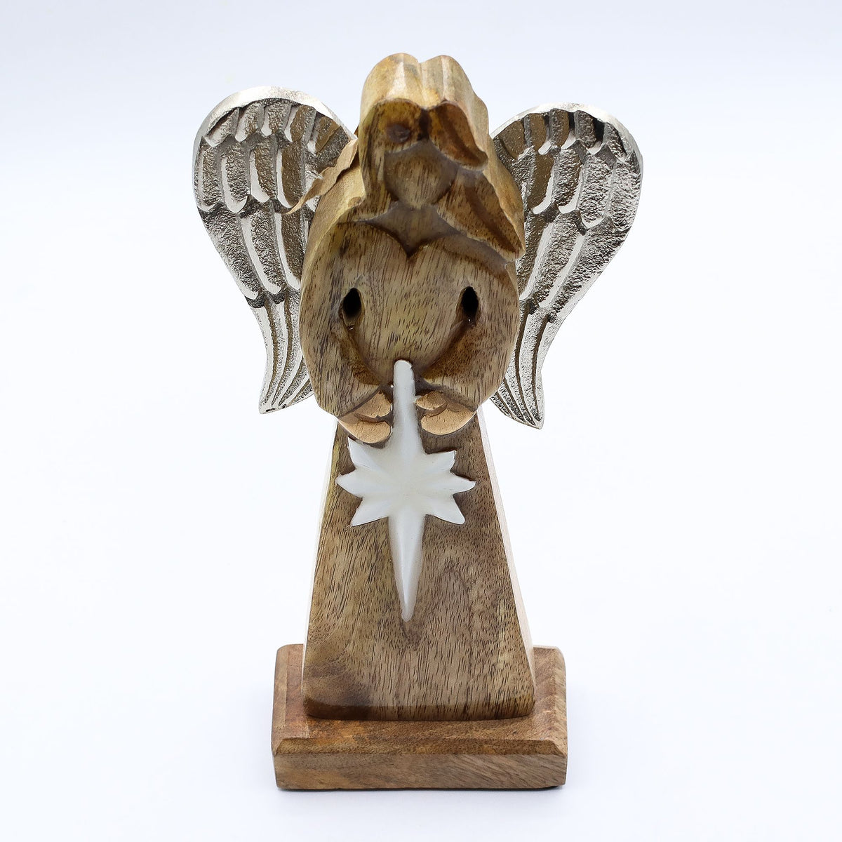 Großer Friedensengel aus Mangoholz mit Metallflügeln und Emaille-Details – 30 cm
