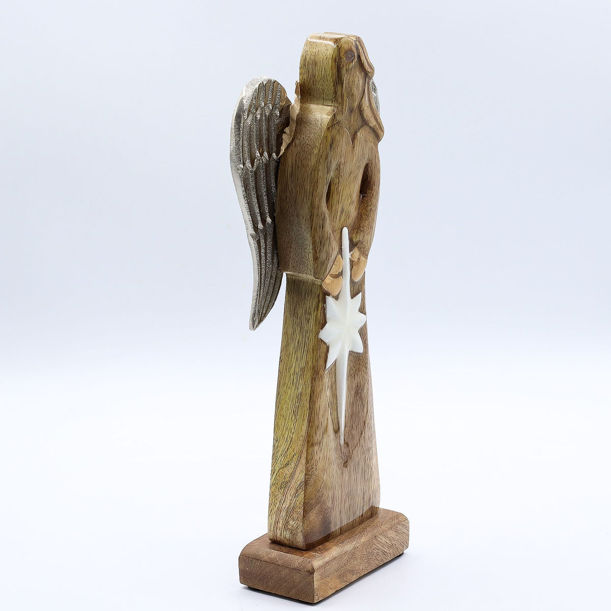 Großer Friedensengel aus Mangoholz mit Metallflügeln und Emaille-Details – 30 cm