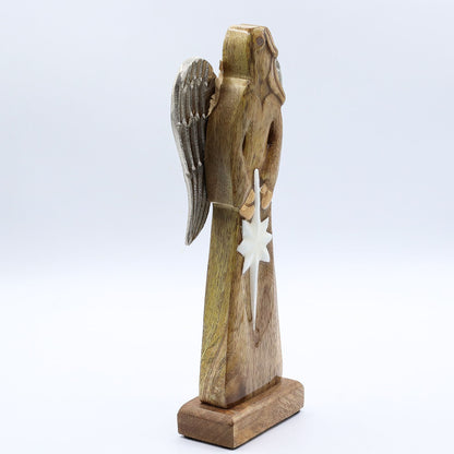 Großer Friedensengel aus Mangoholz mit Metallflügeln und Emaille-Details – 30 cm