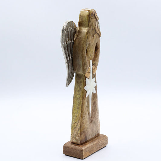 Großer Friedensengel aus Mangoholz mit Metallflügeln und Emaille-Details – 30 cm