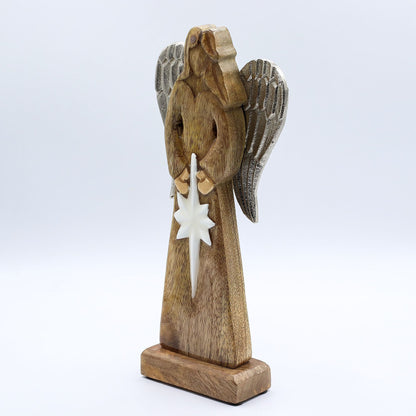Großer Friedensengel aus Mangoholz mit Metallflügeln und Emaille-Details – 30 cm