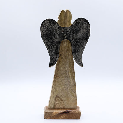 Großer Friedensengel aus Mangoholz mit Metallflügeln und Emaille-Details – 30 cm