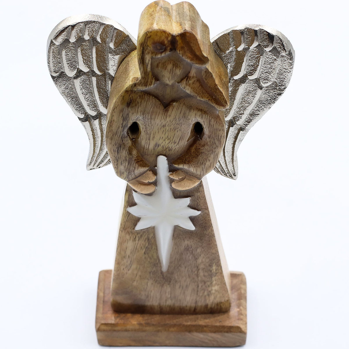 Großer Friedensengel aus Mangoholz mit Metallflügeln und Emaille-Details – 30 cm