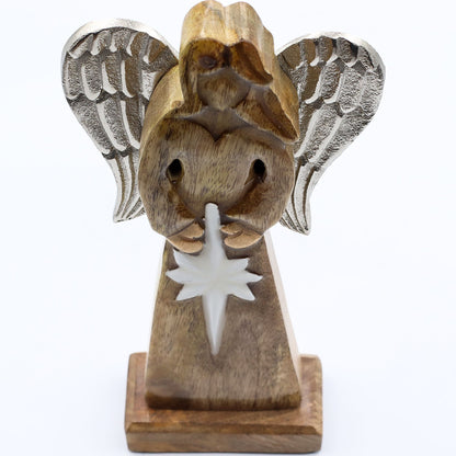 Großer Friedensengel aus Mangoholz mit Metallflügeln und Emaille-Details – 30 cm
