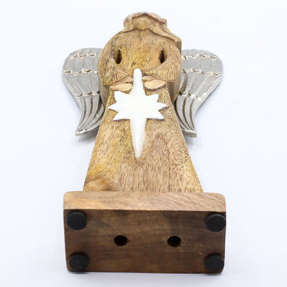 Großer Friedensengel aus Mangoholz mit Metallflügeln und Emaille-Details – 30 cm
