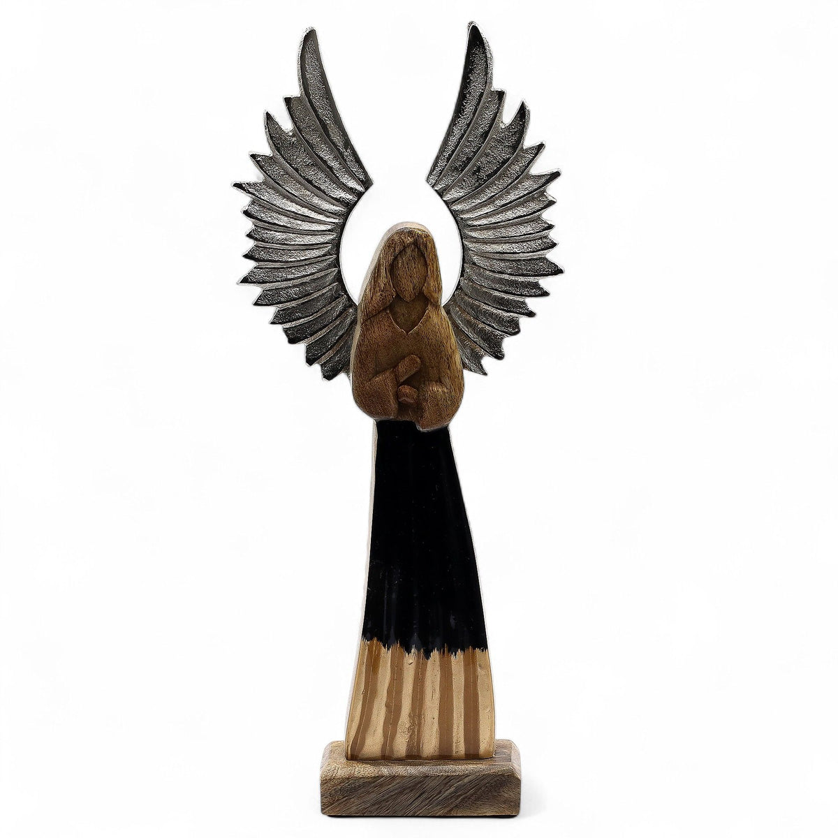 Großer Schutzengel aus Mangoholz mit Metallflügeln und Emaille-Verzierungen – 40 cm