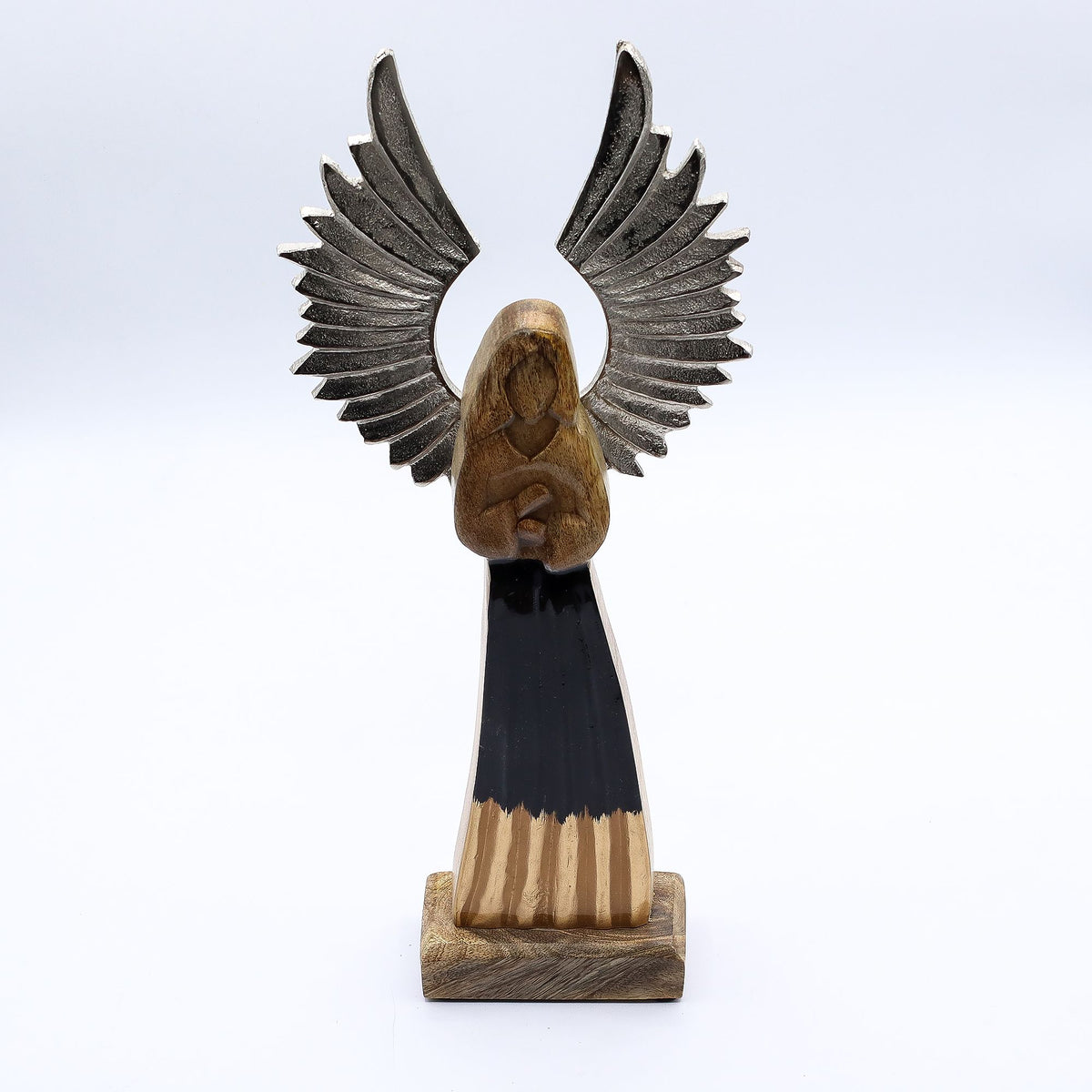 Großer Schutzengel aus Mangoholz mit Metallflügeln und Emaille-Verzierungen – 40 cm