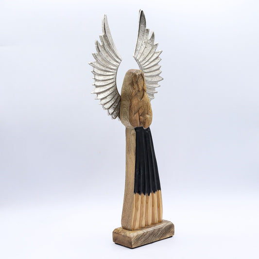 Großer Schutzengel aus Mangoholz mit Metallflügeln und Emaille-Verzierungen – 40 cm