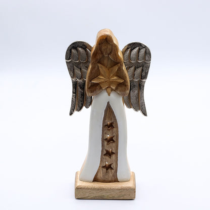 Großer Sternengel aus Mangoholz mit Metallflügeln und Emaille-Details – 30 cm