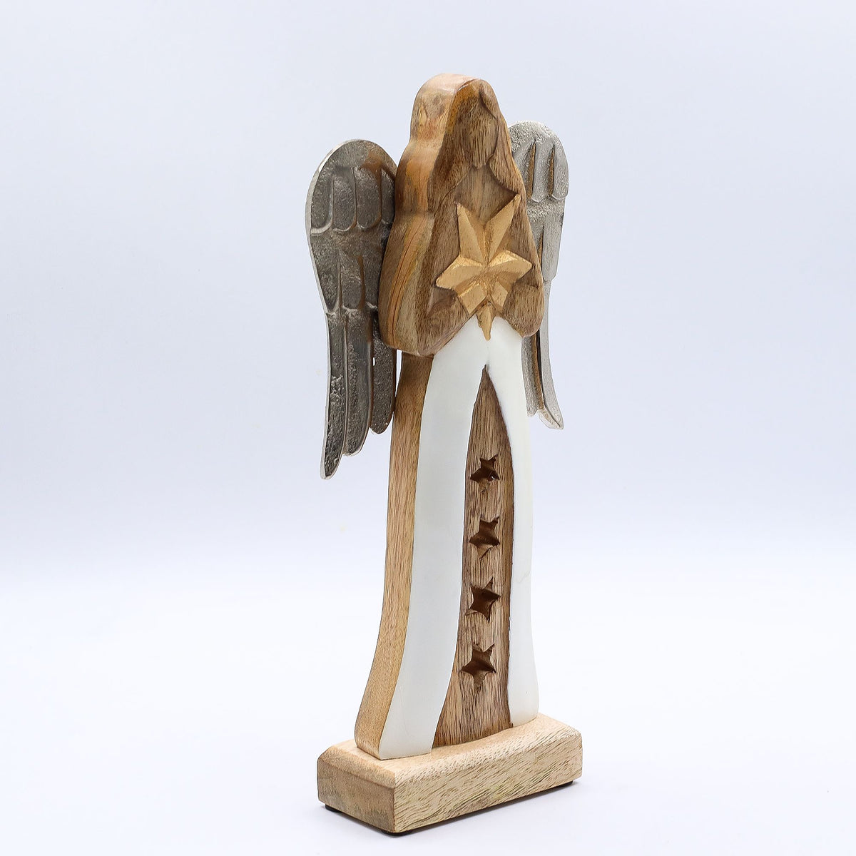 Großer Sternengel aus Mangoholz mit Metallflügeln und Emaille-Details – 30 cm