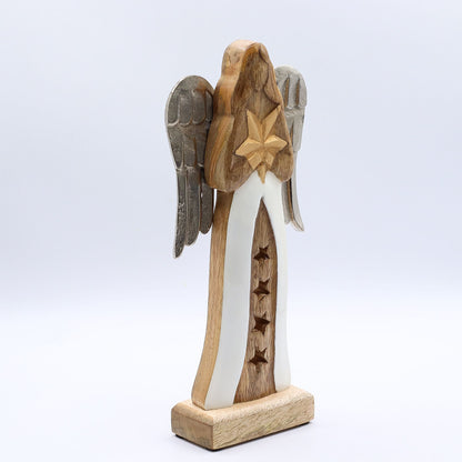 Großer Sternengel aus Mangoholz mit Metallflügeln und Emaille-Details – 30 cm