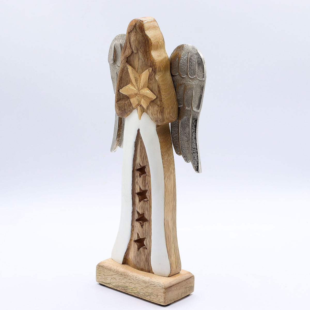 Großer Sternengel aus Mangoholz mit Metallflügeln und Emaille-Details – 30 cm