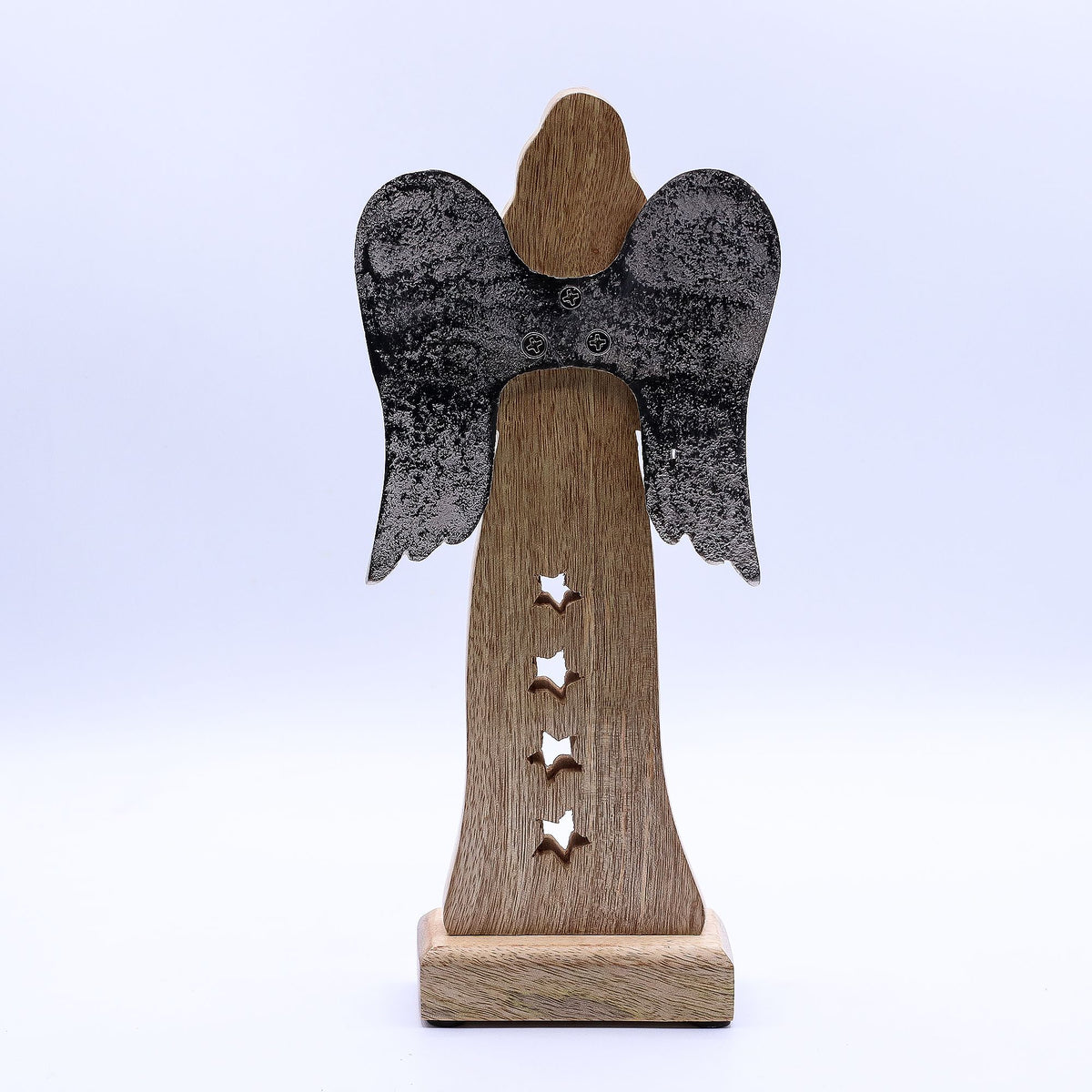 Großer Sternengel aus Mangoholz mit Metallflügeln und Emaille-Details – 30 cm